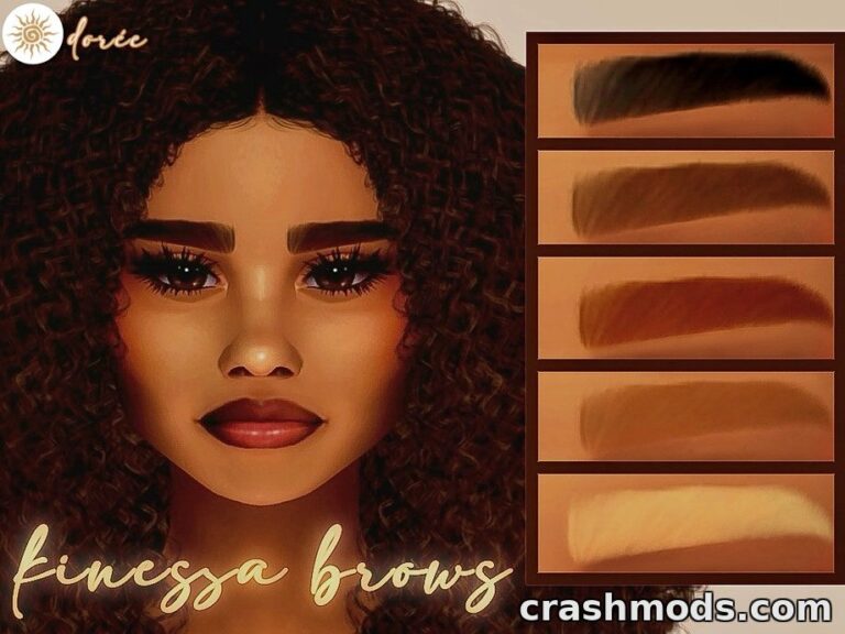 Kinessa brows mod for The Sims 4 showcases various eyebrow styles on a character with curly hair.