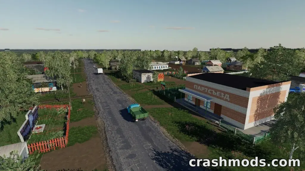 A rural landscape from the "Kolkhoz Partsezd" mod for Farming Simulator 19, featuring a dirt road and village buildings.