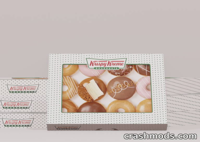 A colorful box of Krispy Kreme donuts featuring various flavors and toppings, perfect for The Sims 4 mod.