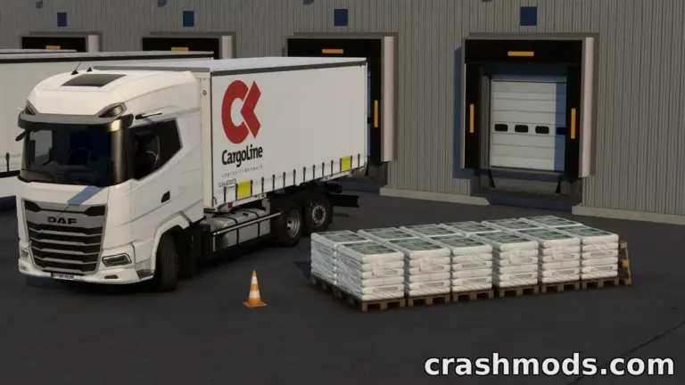 A DAF truck with a CargoLine trailer is parked beside a pallet of cargo at a loading dock in Euro Truck Simulator 2.