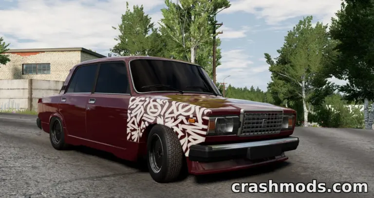A modified Lada 2104 with a stylish design parked on a scenic road in BeamNG.drive.