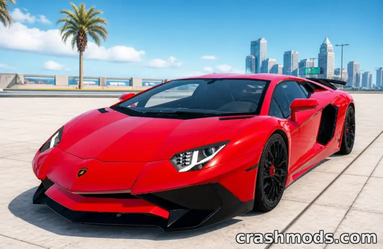 Red 2021 Lamborghini Aventador showcased in a vibrant urban setting within BeamNG.drive mod.