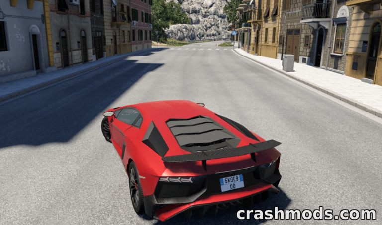 Red Lamborghini Aventador SJV navigates a winding street in BeamNG.drive, showcasing its sleek design and performance.