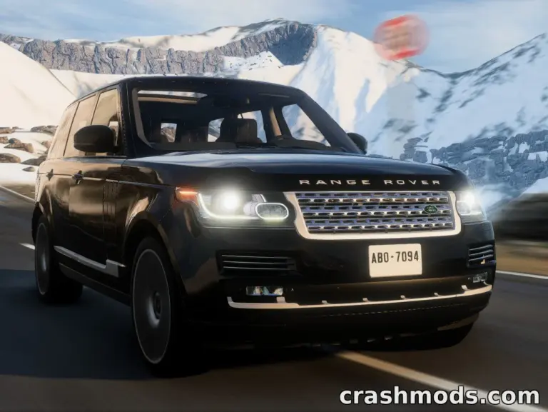 A sleek black 2012 Range Rover drives along a snowy mountain road in BeamNG.drive, showcasing its detailed design.