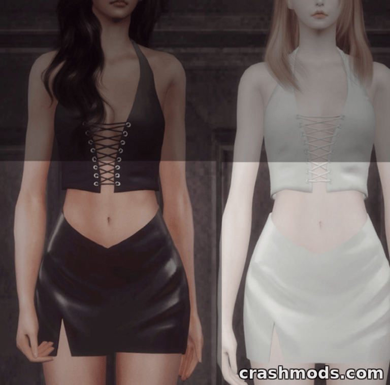 Two Sims models showcase the "Leather skirt" mod, featuring a black and white design with lace-up details.