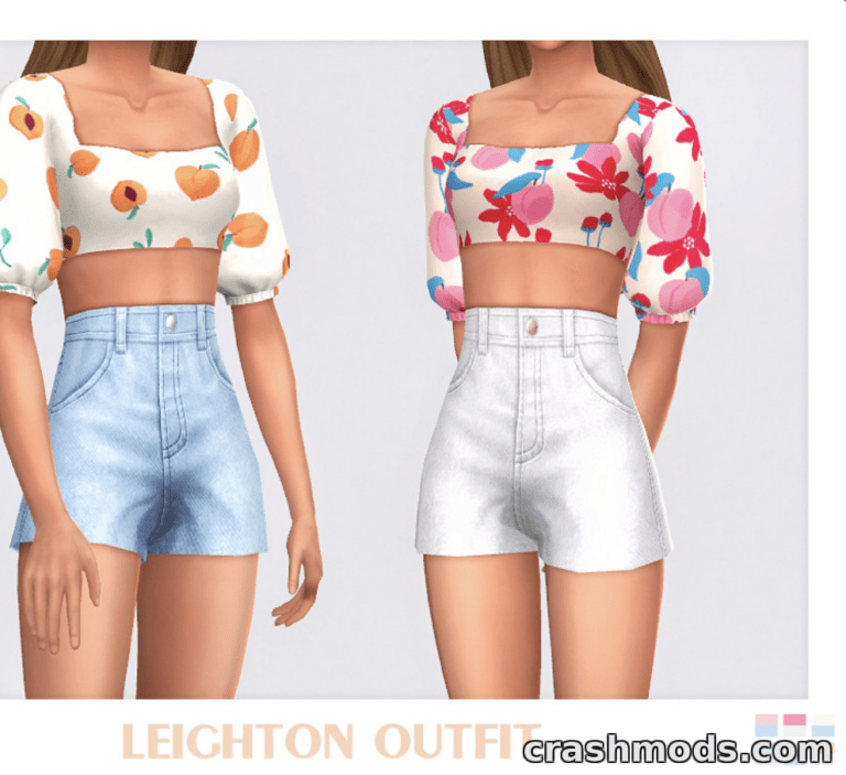 The Leighton Outfit features a floral crop top with puff sleeves paired with high-waisted shorts in two styles.