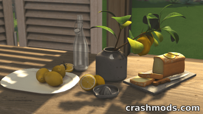 A rustic table setting features fresh lemons, a loaf of bread, and a glass bottle, enhancing the "Lemon summer" mod vibe.