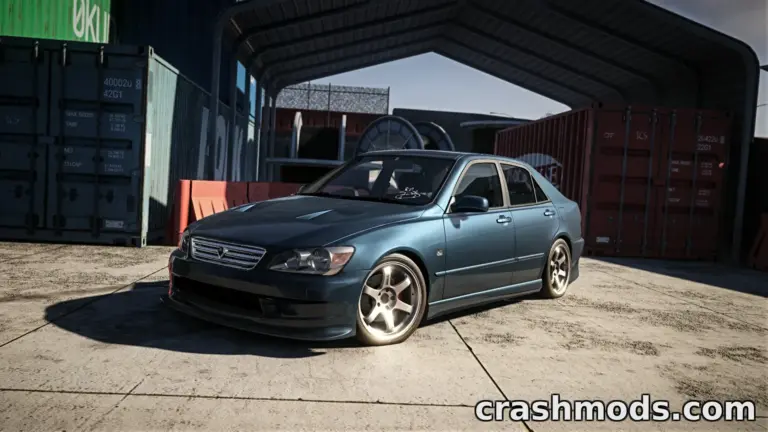 Lexus IS300 mod for BeamNG.drive showcases a sleek, lowered car parked in an industrial setting.