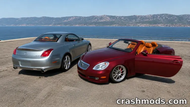 Two Lexus SC430 models, one silver coupe and one red convertible, showcased on a scenic coastal overlook.