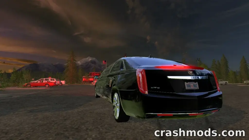 A sleek black Cadillac limousine parked in a scenic landscape, showcasing its detailed design in Farming Simulator 17.