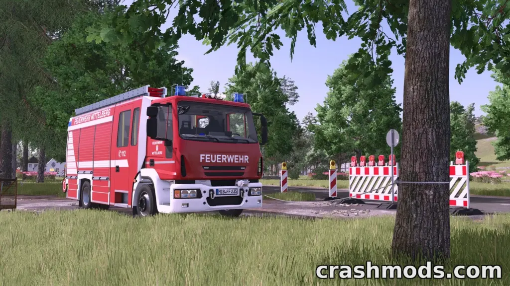 A red fire truck labeled "FEUERWEHR" parked near a construction site in Farming Simulator 25. Lush greenery surrounds the scene.