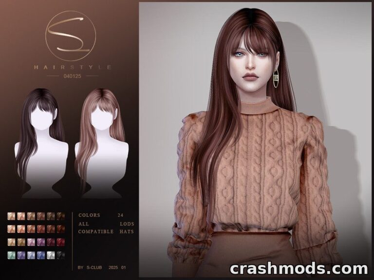 Long, stylish hair with bangs for The Sims 4, showcasing 24 color options and compatibility with all hats.