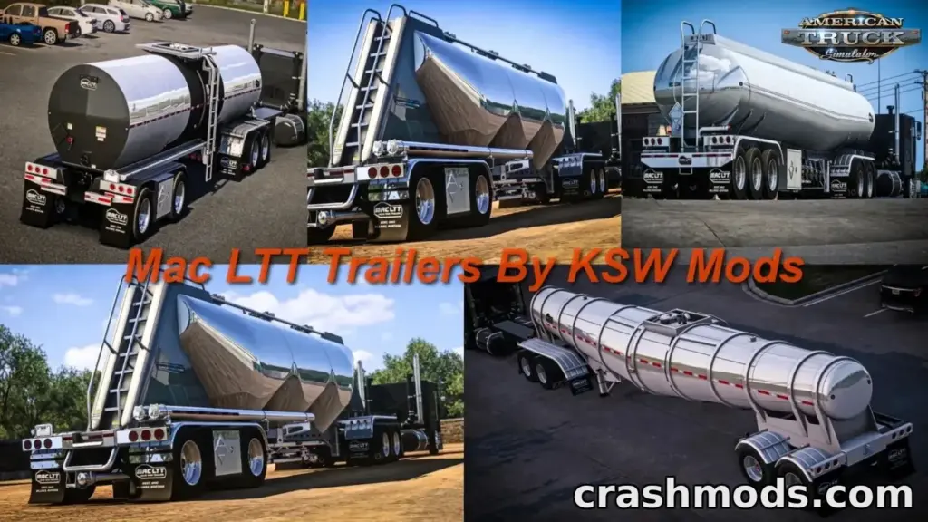 Showcasing the Mac LTT Trailers mod for American Truck Simulator, featuring sleek tanker designs and detailed textures.