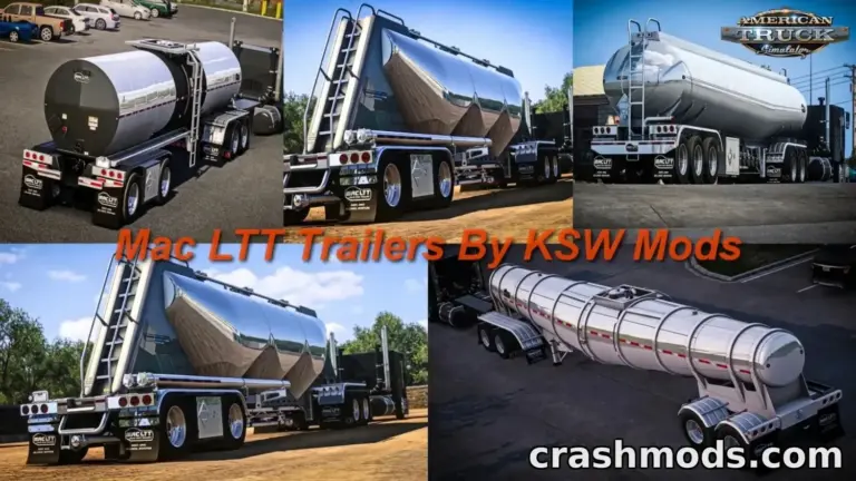 Showcasing the Mac LTT Trailers mod for American Truck Simulator, featuring sleek tanker designs and detailed textures.
