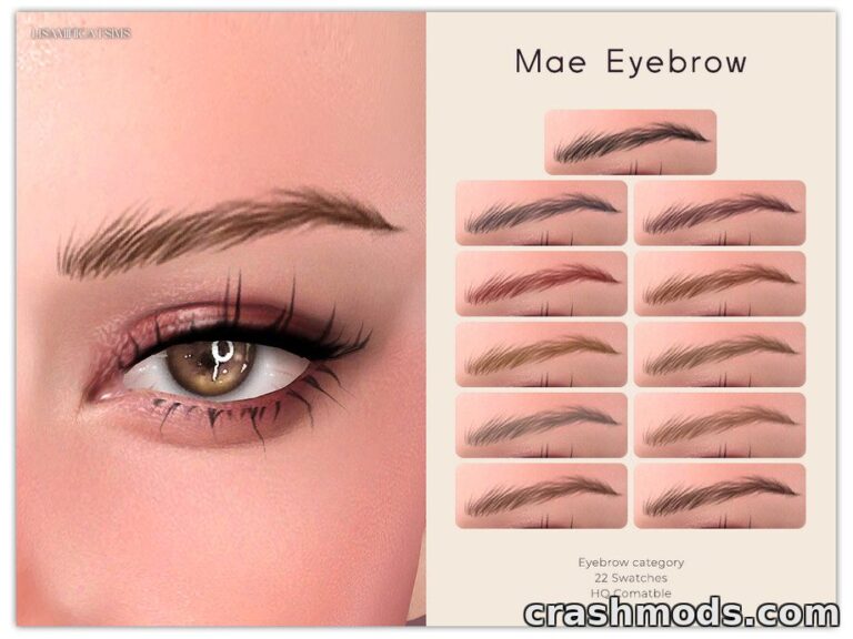 Showcases the "Mae Eyebrow" mod for The Sims 4, featuring 12 eyebrow styles and swatches for customization.