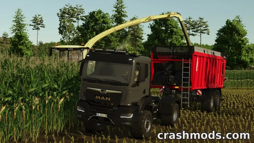 A MAN TGS TG3 semi truck harvests crops alongside a forage harvester in Farming Simulator 25.