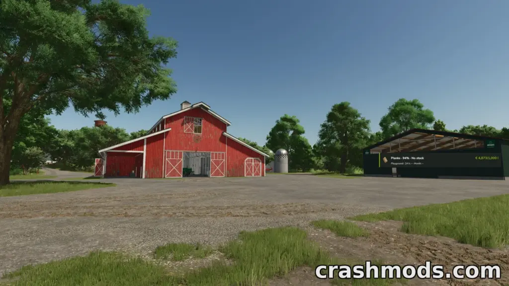 A vibrant red barn and a modern storage shed set in a lush farming landscape in Farming Simulator 25.