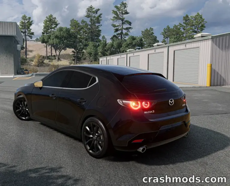 Sleek black Mazda 3 Hatchback parked in a realistic environment, showcasing the latest mod update for BeamNG.drive.