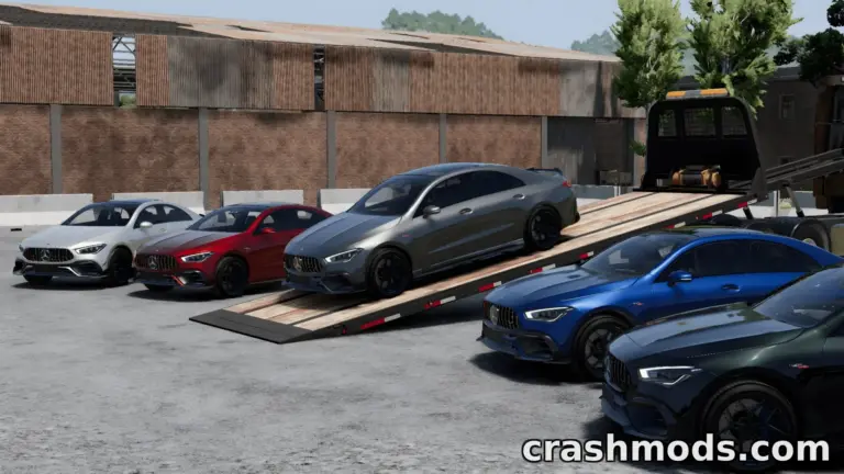A sleek Mercedes-AMG CLA 45s is being loaded onto a flatbed truck, surrounded by other stylish vehicles.