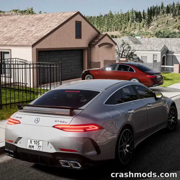 The Mercedes-Benz AMG GT 63 showcases its sleek design parked in a residential area, highlighting its modded features.