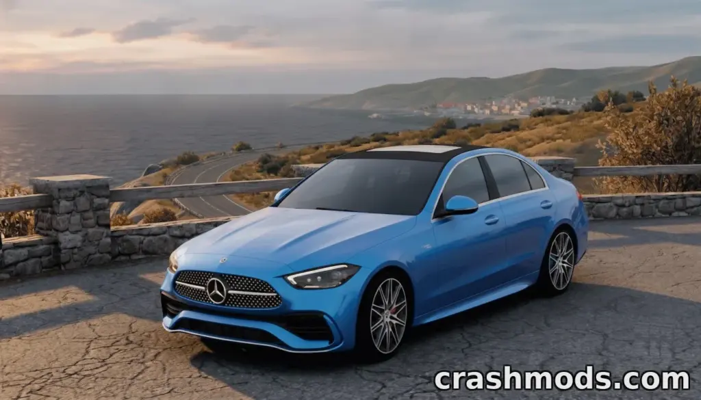 Mercedes-Benz C300 4Matic showcased in American Truck Simulator, parked with a scenic coastal view.