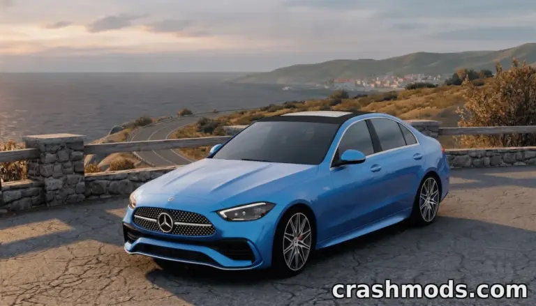 Mercedes-Benz C300 4Matic showcased in American Truck Simulator, parked with a scenic coastal view.
