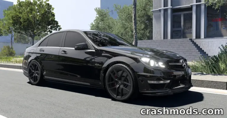 Black Mercedes-Benz C63 W204 parked on a city street, showcasing sleek design and sporty features in BeamNG.drive.