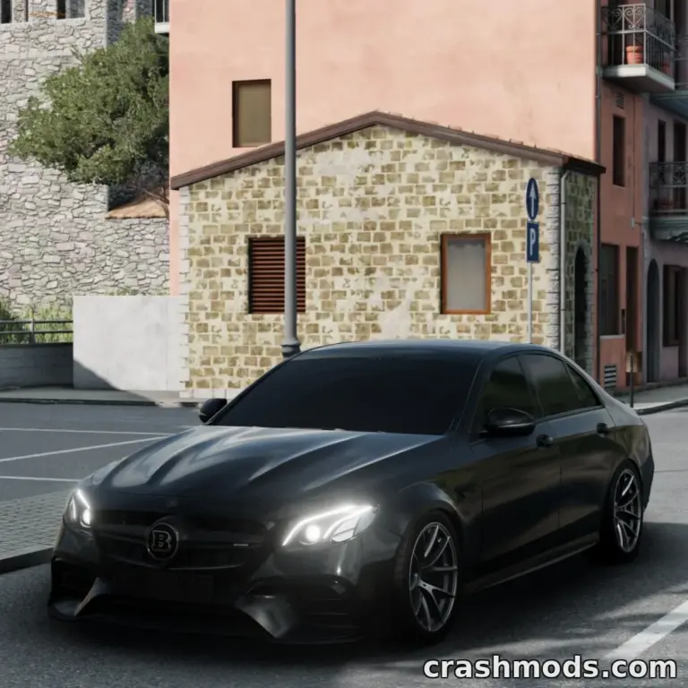 A sleek black Mercedes-Benz E-Class W213 (E63) parked on a city street, showcasing its detailed mod design.