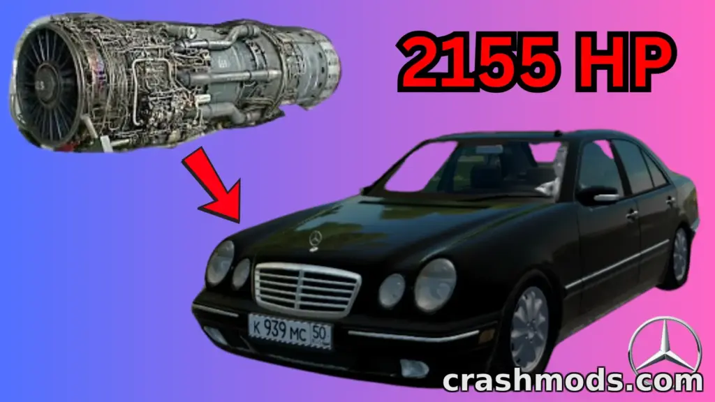 Mercedes-Benz E450 features a powerful jet engine mod, showcasing 2155 HP alongside the sleek car design.