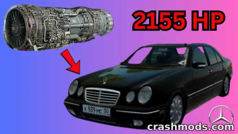 Mercedes-Benz E450 features a powerful jet engine mod, showcasing 2155 HP alongside the sleek car design.