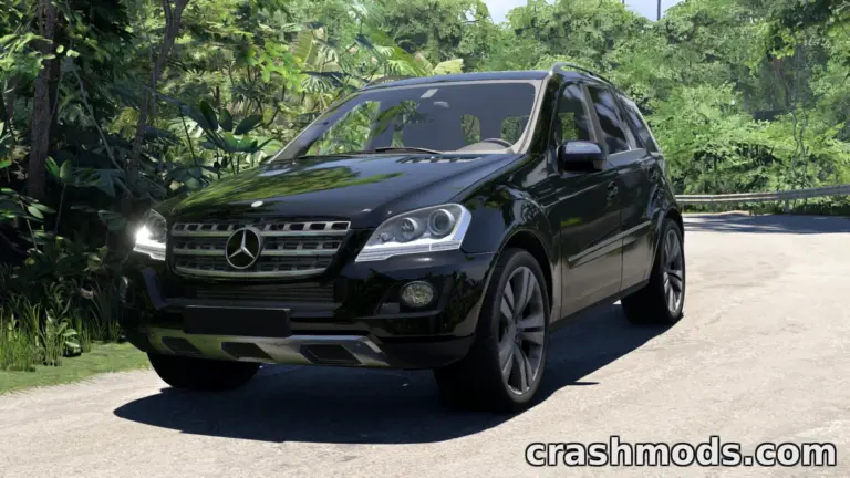 Black Mercedes-Benz ML-Class W164 parked on a scenic road, showcasing detailed modding for BeamNG.drive.