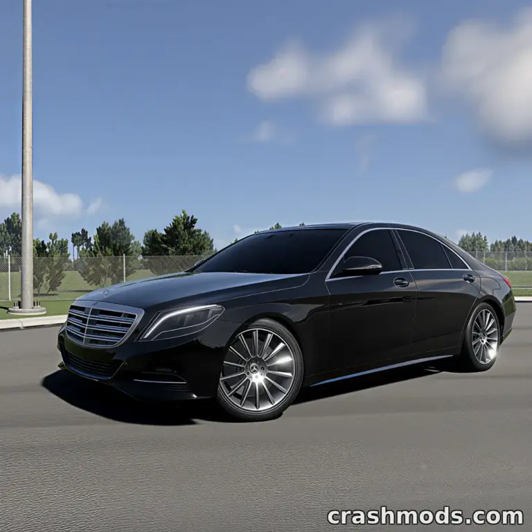 Mercedes-Benz S-Class W222 mod showcased in BeamNG.drive, featuring sleek design and realistic detailing.