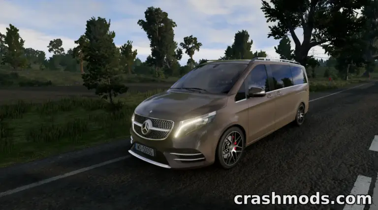 Mercedes-Benz Vito drives along a scenic road in BeamNG.drive, showcasing detailed modding features and realistic graphics.