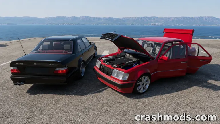Two Mercedes-Benz W124 cars, one black and one red, showcase detailed modding features against a scenic backdrop.