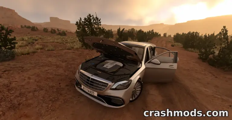 Mercedes Benz W222 mod for BeamNG.drive showcases a detailed car with the hood open in a scenic desert landscape.