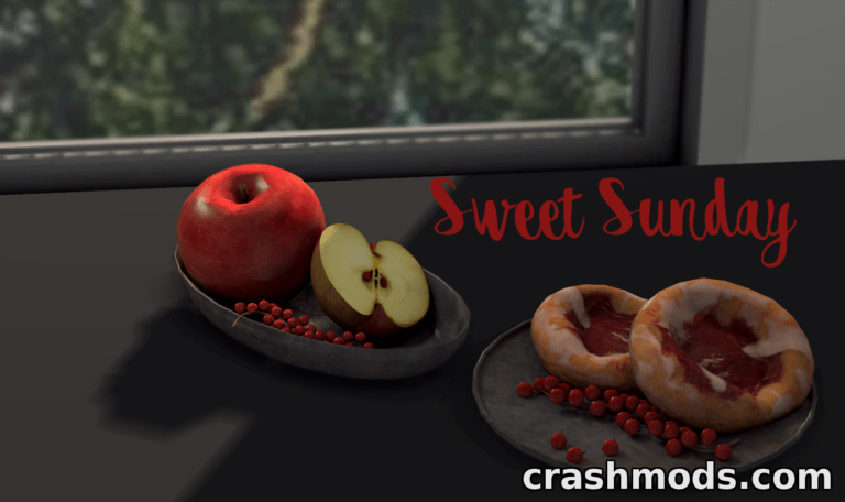 A stylish display of a red apple, sliced apple, and pastries on a table, featuring the "Sweet Sunday" mod for The Sims 4.