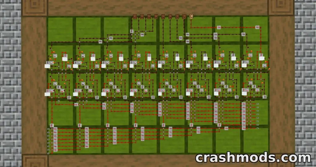 Detailed layout of the "Mini Redstone" mod for Minecraft, showcasing intricate redstone circuitry and mechanisms.