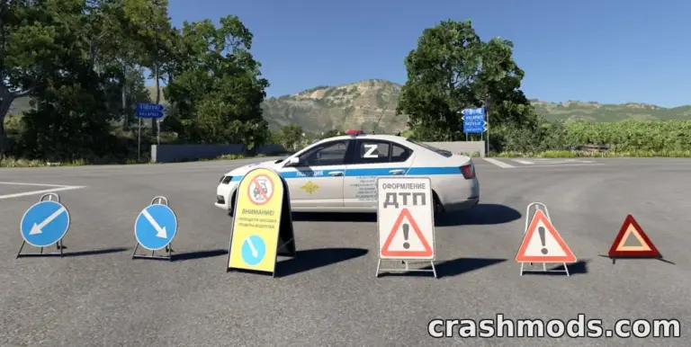 A police car is positioned near various mobile road signs, enhancing traffic management in BeamNG.drive.