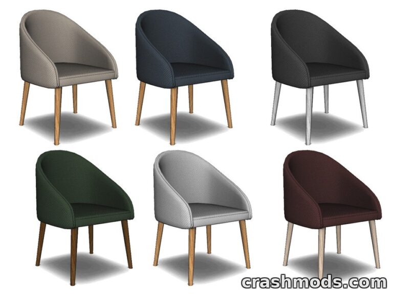 Showcasing six stylish modern dining chairs in various colors and finishes for The Sims 4 mod "Modern dining chair Ver2."