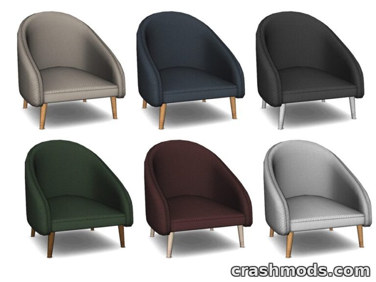 Stylish modern dining seats in six colors, featuring a cozy design and wooden legs for The Sims 4.