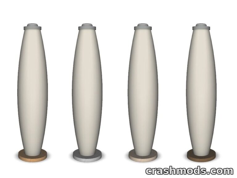 Four sleek modern floor lamps in varying colors and bases for The Sims 4, enhancing interior design options.