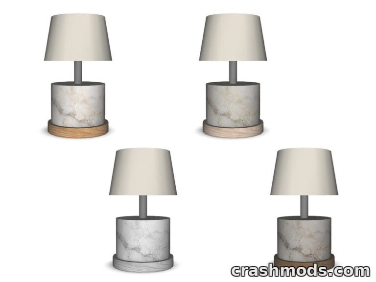 Four stylish modern table lamps in various colors and materials for The Sims 4, enhancing interior decor options.