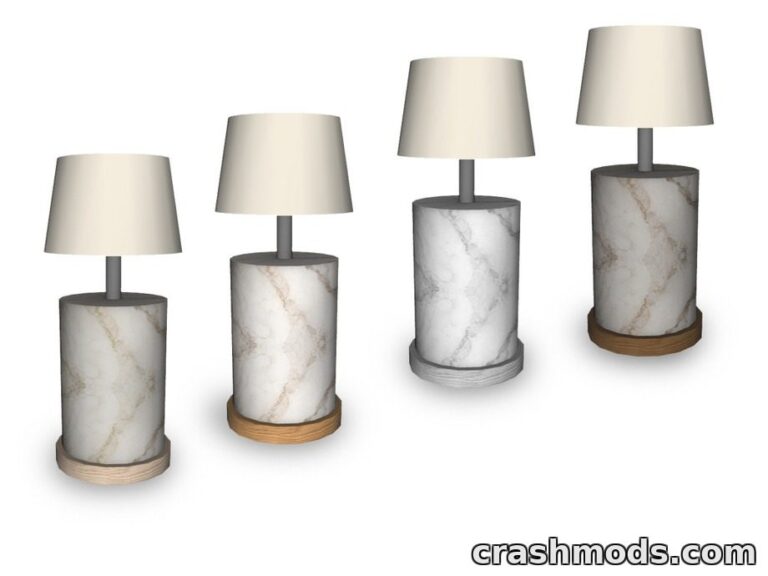 Four stylish modern table lamps with marble bases and fabric shades, perfect for enhancing any Sims 4 interior.