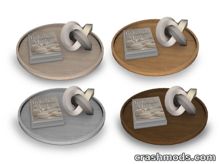 Four stylish trays featuring modern decor items and a book, showcasing various wood finishes for The Sims 4.
