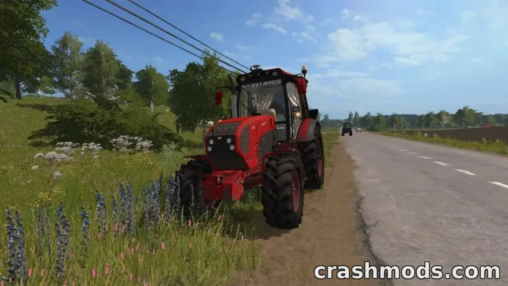 Red MTZ-1222 tractor parked beside a country road, surrounded by lush greenery and wildflowers in Farming Simulator 17.