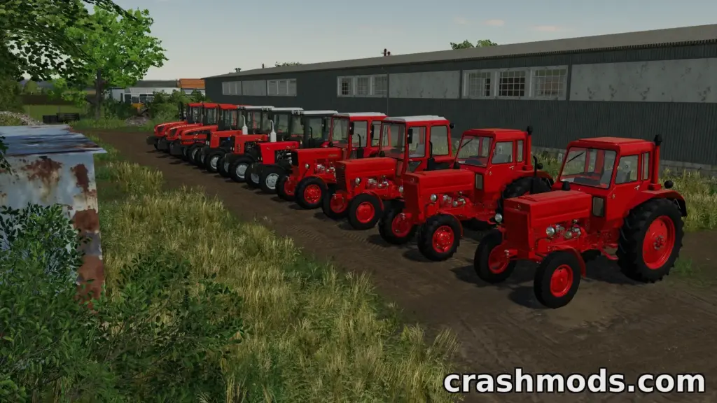 A lineup of red tractors from the "MTZ/BELARUS 550-1025.6" mod for Farming Simulator 19, set in a rural landscape.