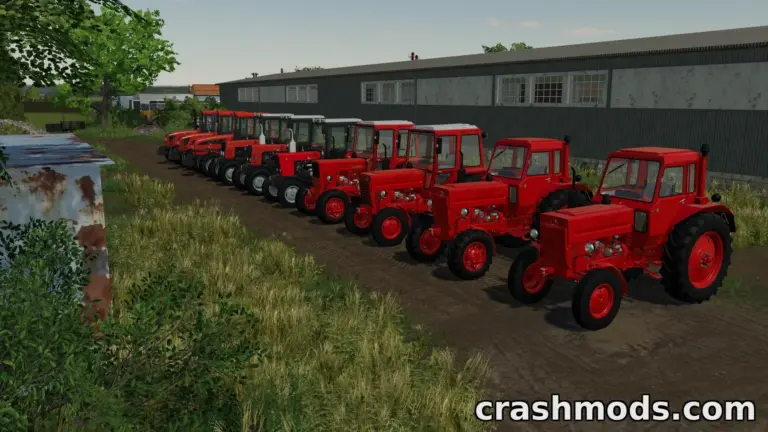 A lineup of red tractors from the "MTZ/BELARUS 550-1025.6" mod for Farming Simulator 19, set in a rural landscape.