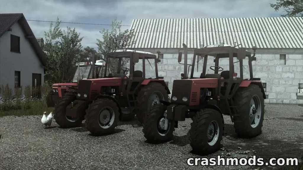 Three red MTZ Belarus 820 tractors parked on a gravel lot, showcasing detailed modding for Farming Simulator 25.
