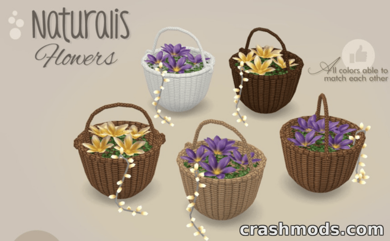 Baskets filled with vibrant flowers and fairy lights, showcasing the "Naturalis Flowers-1" mod for The Sims 4.