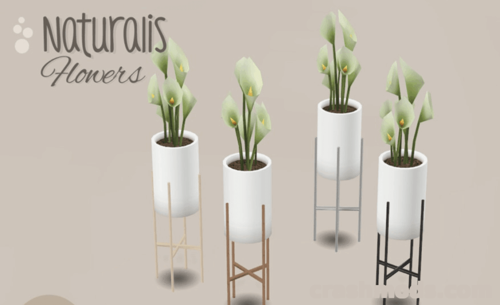 Four stylish planters with lilies from the "Naturalis Flowers" mod for The Sims 4, showcasing elegant greenery.
